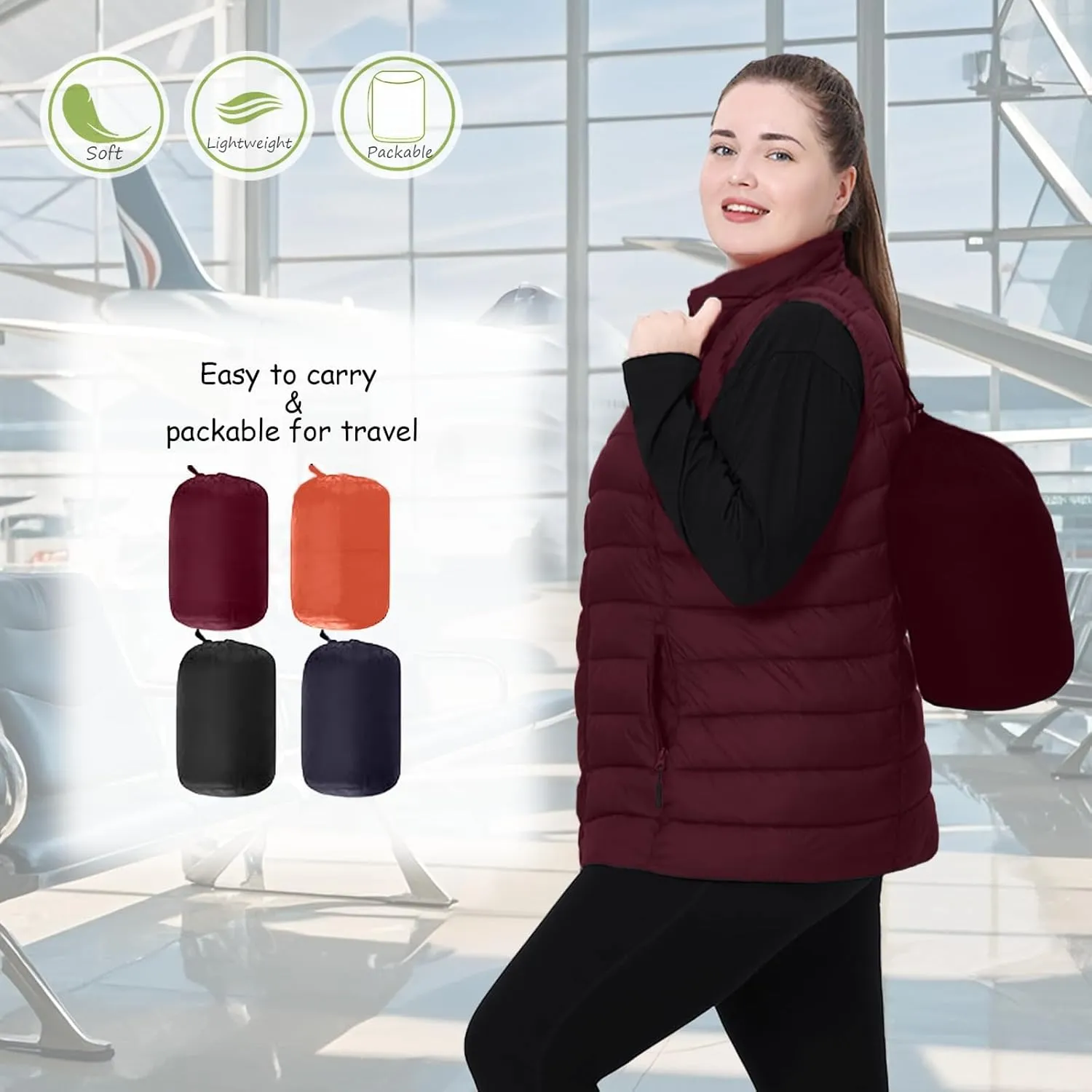 Plus Size Women's Packable Puffer Vest 1X-6X Water-Resistant Quilted Puffy Vest (Exclusively for Plus Size)