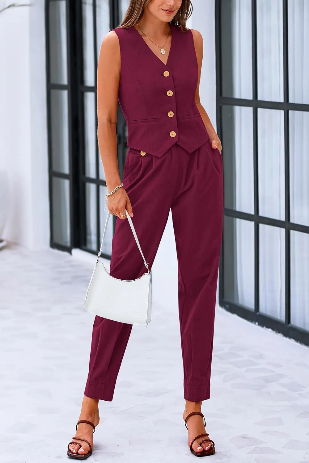 PRETTYGARDEN Women's Two Piece Outfits Summer V Neck Button Front Cropped Tank Tops Vest Pockets Pants Cotton Matching Sets