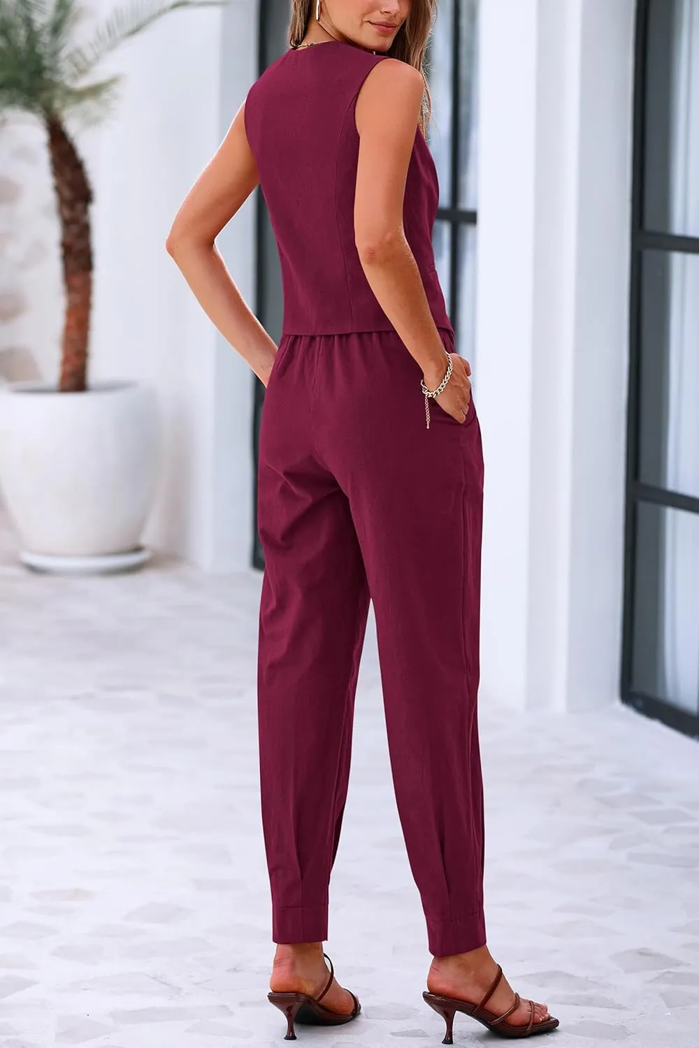 PRETTYGARDEN Women's Two Piece Outfits Summer V Neck Button Front Cropped Tank Tops Vest Pockets Pants Cotton Matching Sets