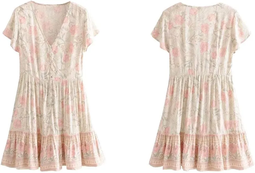 R.Vivimos Women's Short Sleeve Floral Print V Neck Cotton Tunic Dress