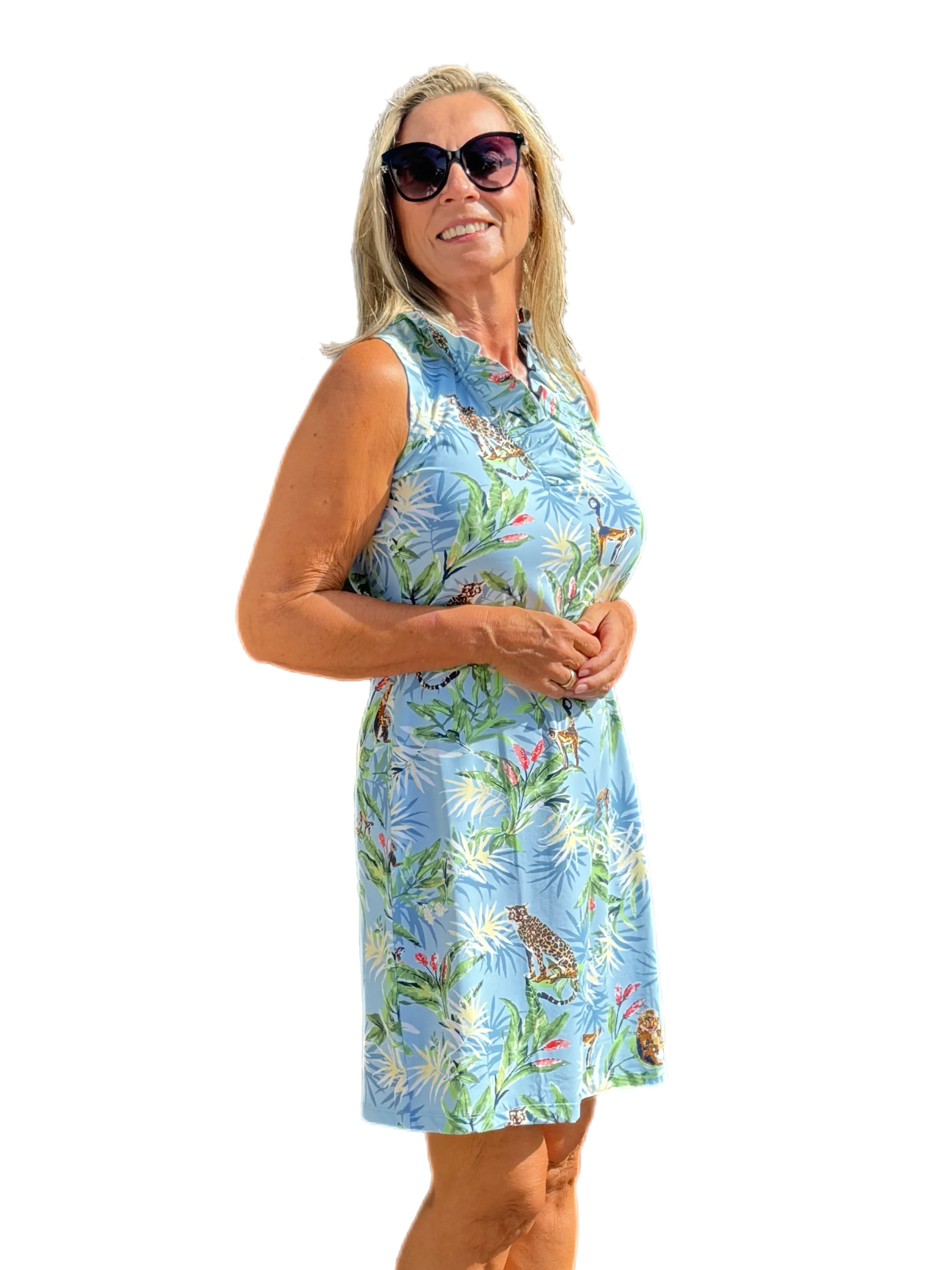 Sleeveless Ruffle-Neck Dress with UPF50  Smoky Blue Wildlife