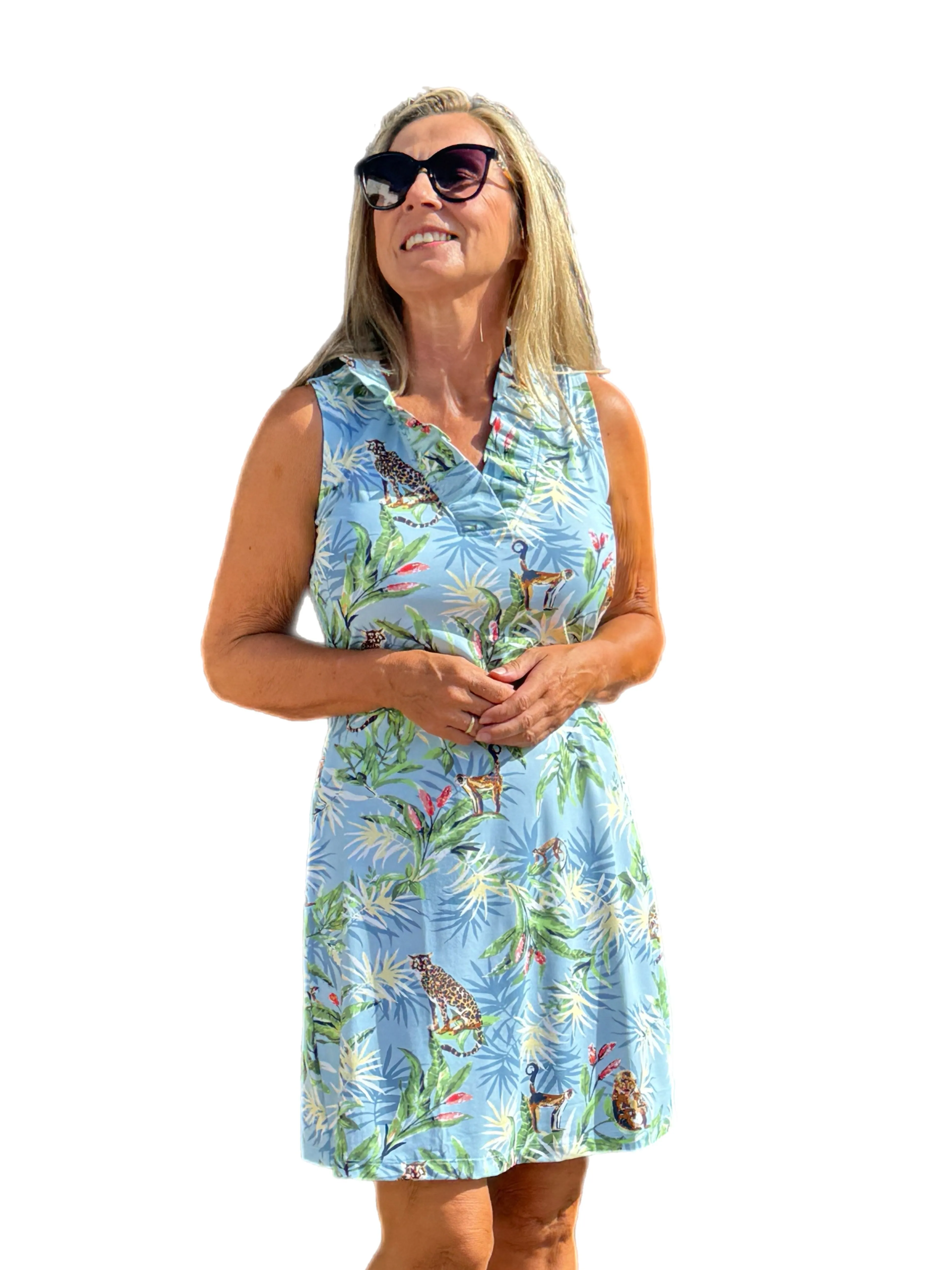 Sleeveless Ruffle-Neck Dress with UPF50  Smoky Blue Wildlife