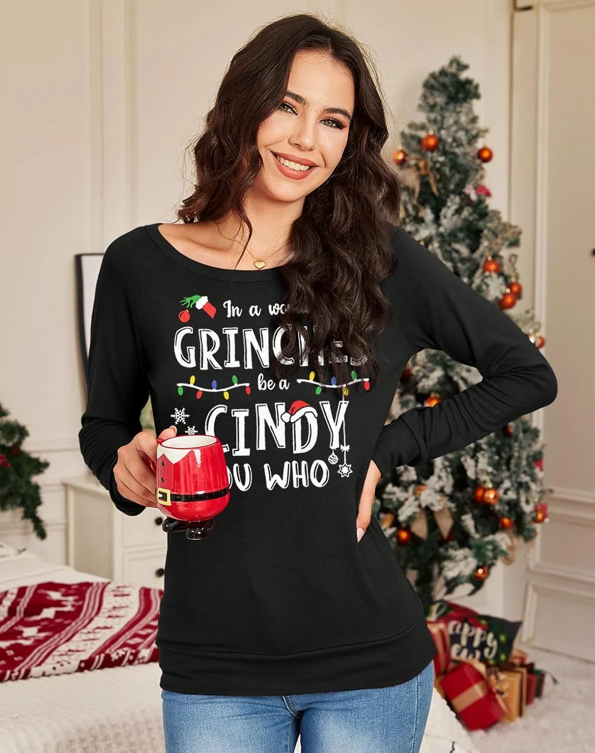 Spadehill Christmas Womens Long Sleeves Crewneck Cotton Sweatshirt