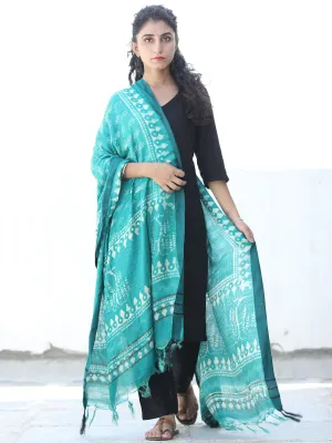 Teal Green Ivory Cotton Hand Block Printed Dupatta  - D04170472