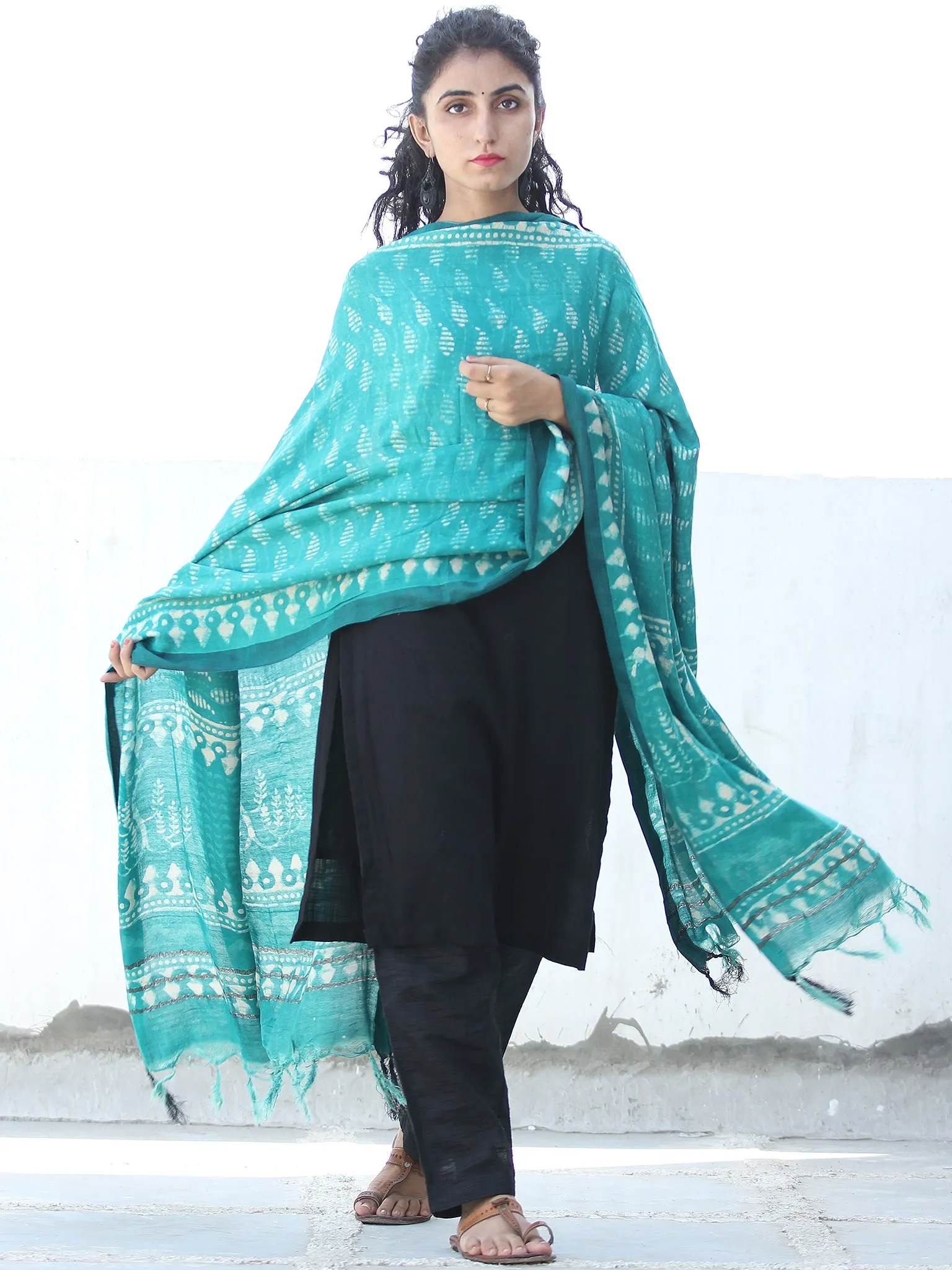 Teal Green Ivory Cotton Hand Block Printed Dupatta  - D04170472