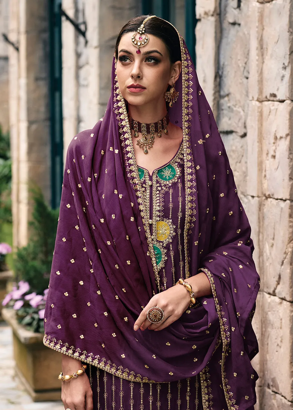 Trendy Heavy Chinnon Purple Embroidered Palazzo Suit