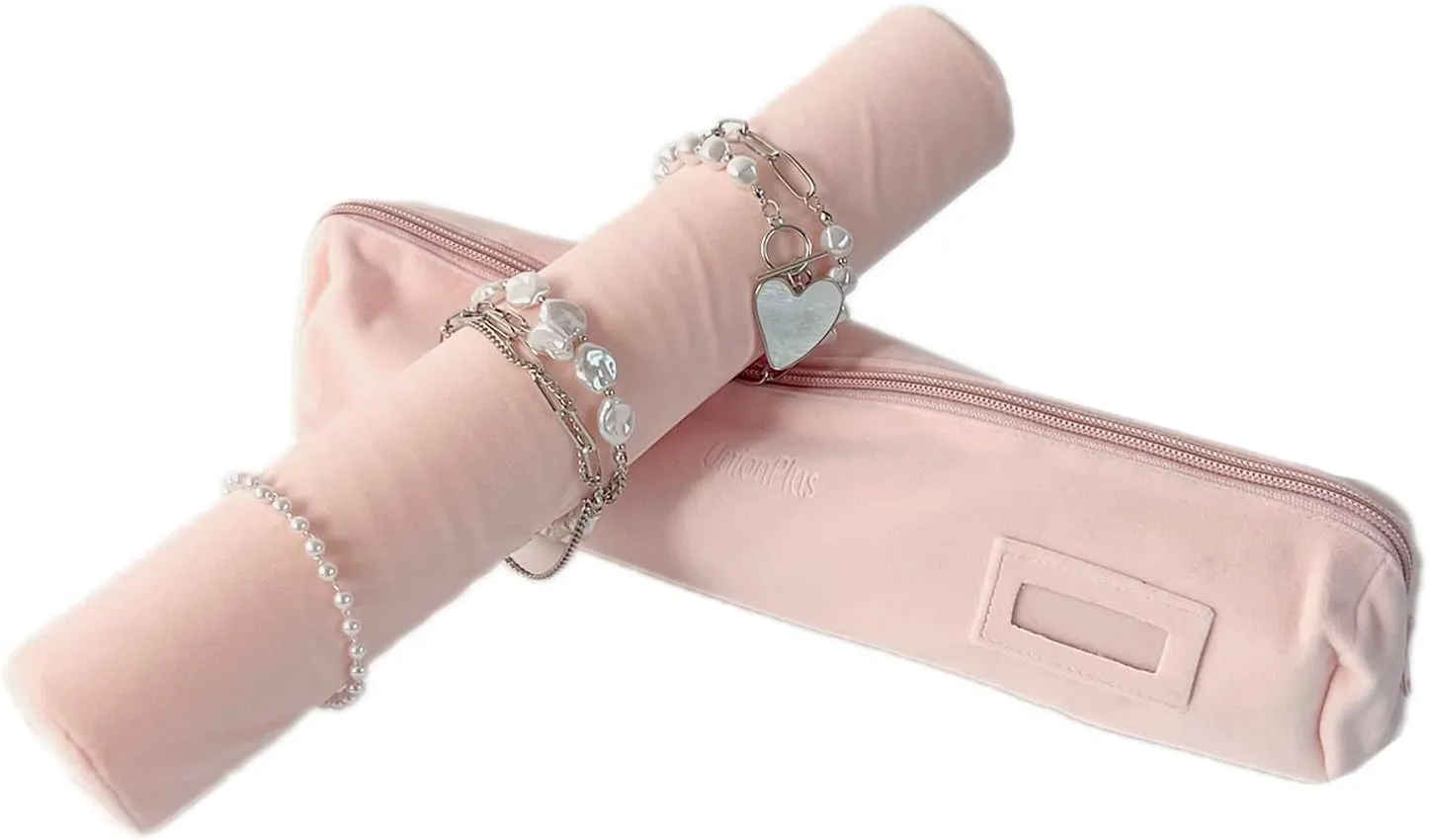 Velvet Jewelry Roll Bag for Brackets Bangles Watches, Great Jewelry Organizer for Travel, Pink