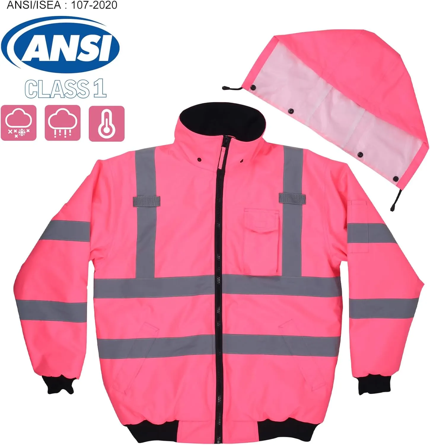 VENDACE Hi Vis Reflective Safety Winter Bomber Jacket Hoodie for Women ANSI High Visibility Pink Quilted Lining Jacket