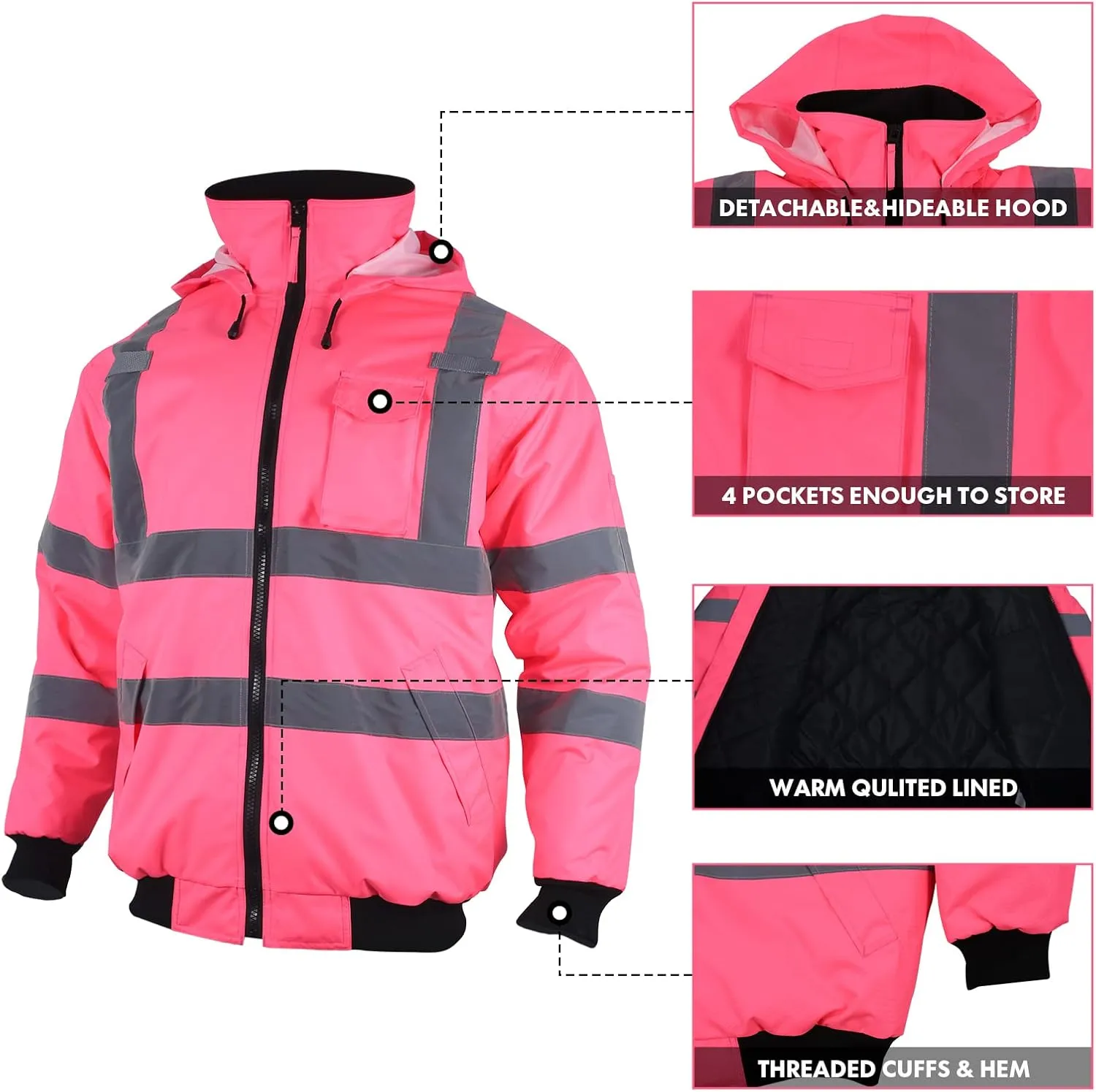 VENDACE Hi Vis Reflective Safety Winter Bomber Jacket Hoodie for Women ANSI High Visibility Pink Quilted Lining Jacket