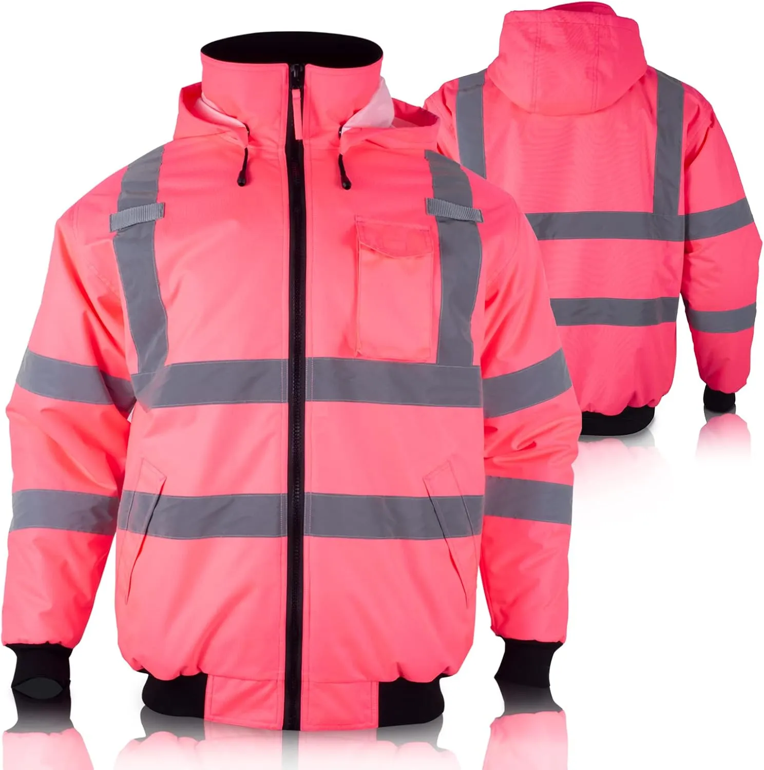 VENDACE Hi Vis Reflective Safety Winter Bomber Jacket Hoodie for Women ANSI High Visibility Pink Quilted Lining Jacket