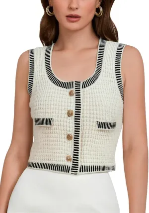Verdusa Women's Striped Trim Button Front Crop Sweater Vest Scoop Neck Knitted Outfit