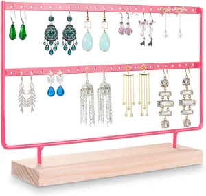 VERGILIUS Earrings Organizer Jewelry Earrings Holder Display Wood Stand (46 Holes 2 Layers) (Pink)
