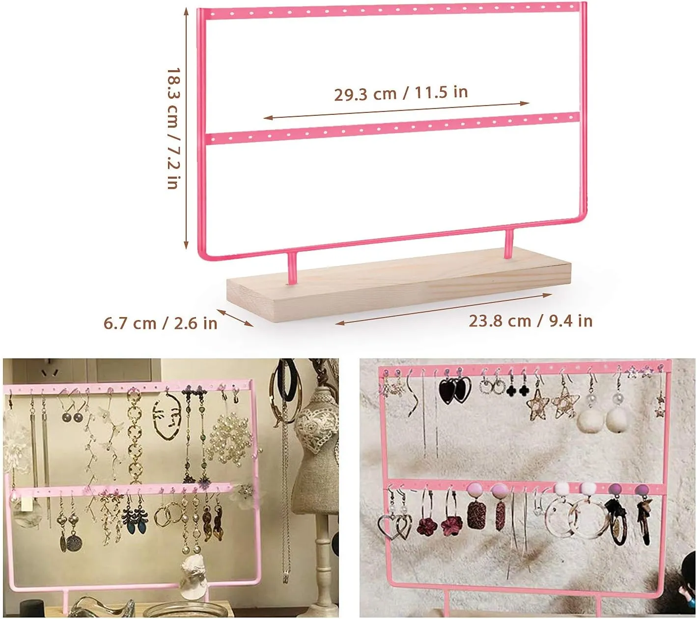 VERGILIUS Earrings Organizer Jewelry Earrings Holder Display Wood Stand (46 Holes 2 Layers) (Pink)