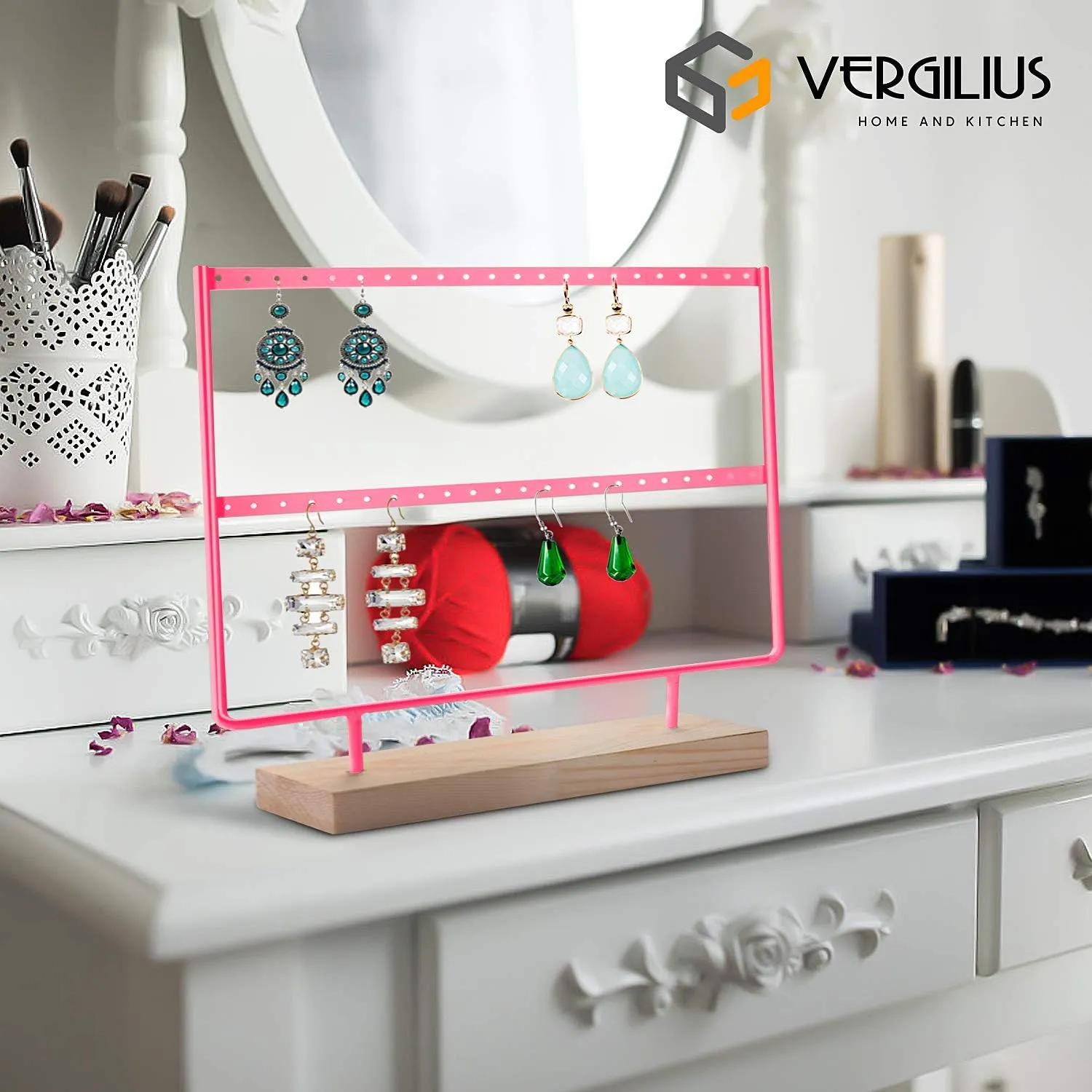 VERGILIUS Earrings Organizer Jewelry Earrings Holder Display Wood Stand (46 Holes 2 Layers) (Pink)
