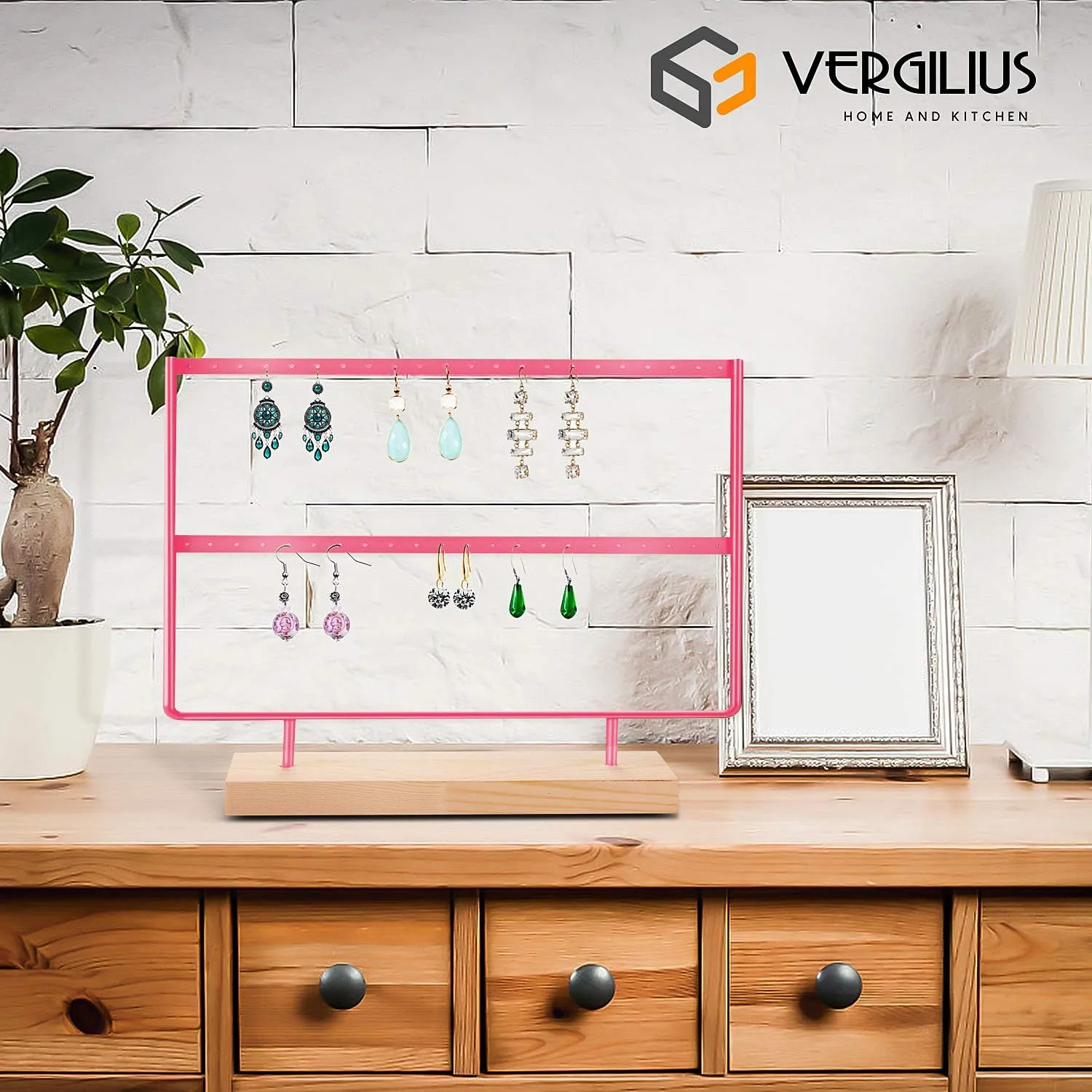 VERGILIUS Earrings Organizer Jewelry Earrings Holder Display Wood Stand (46 Holes 2 Layers) (Pink)