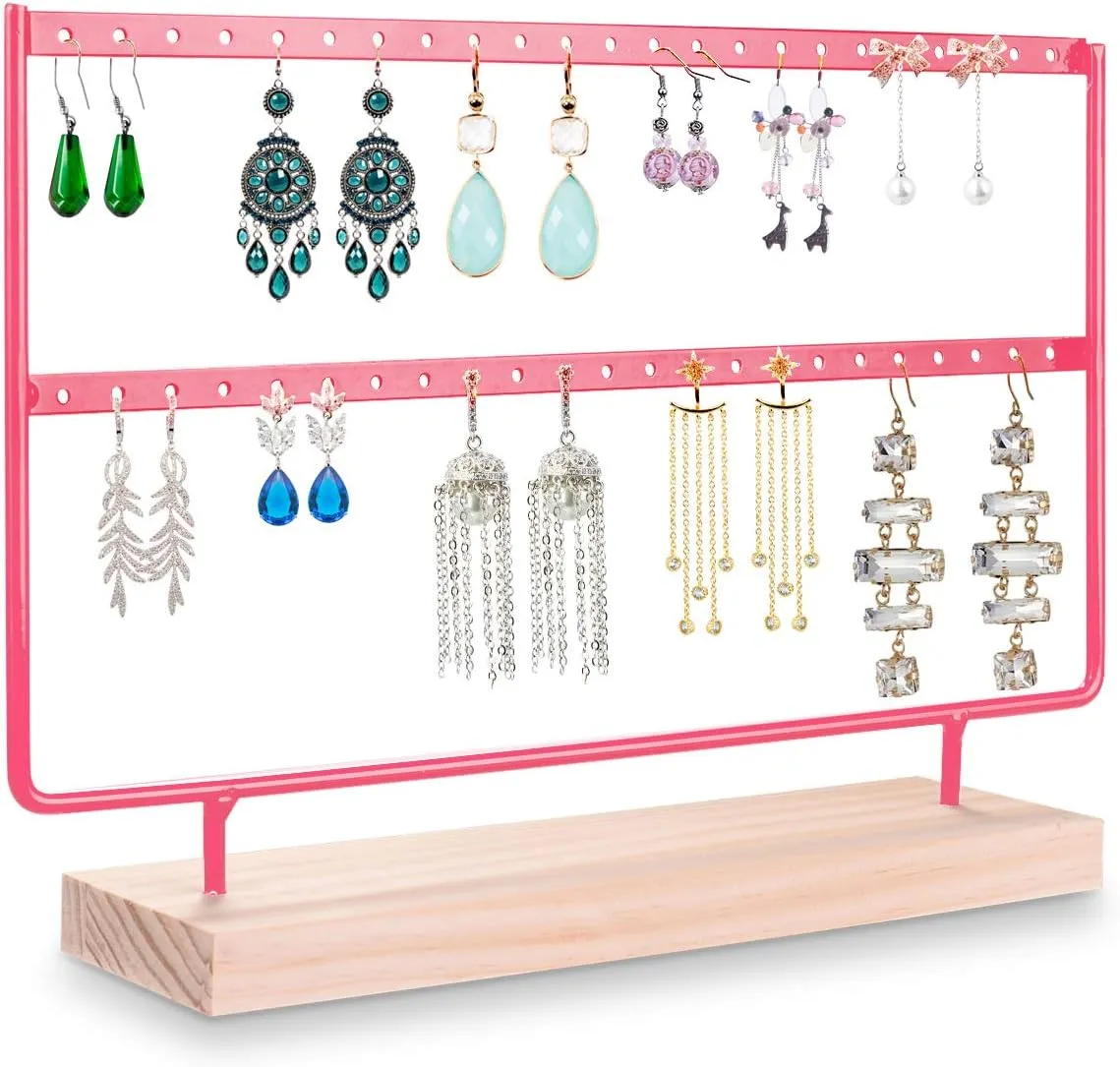 VERGILIUS Earrings Organizer Jewelry Earrings Holder Display Wood Stand (46 Holes 2 Layers) (Pink)