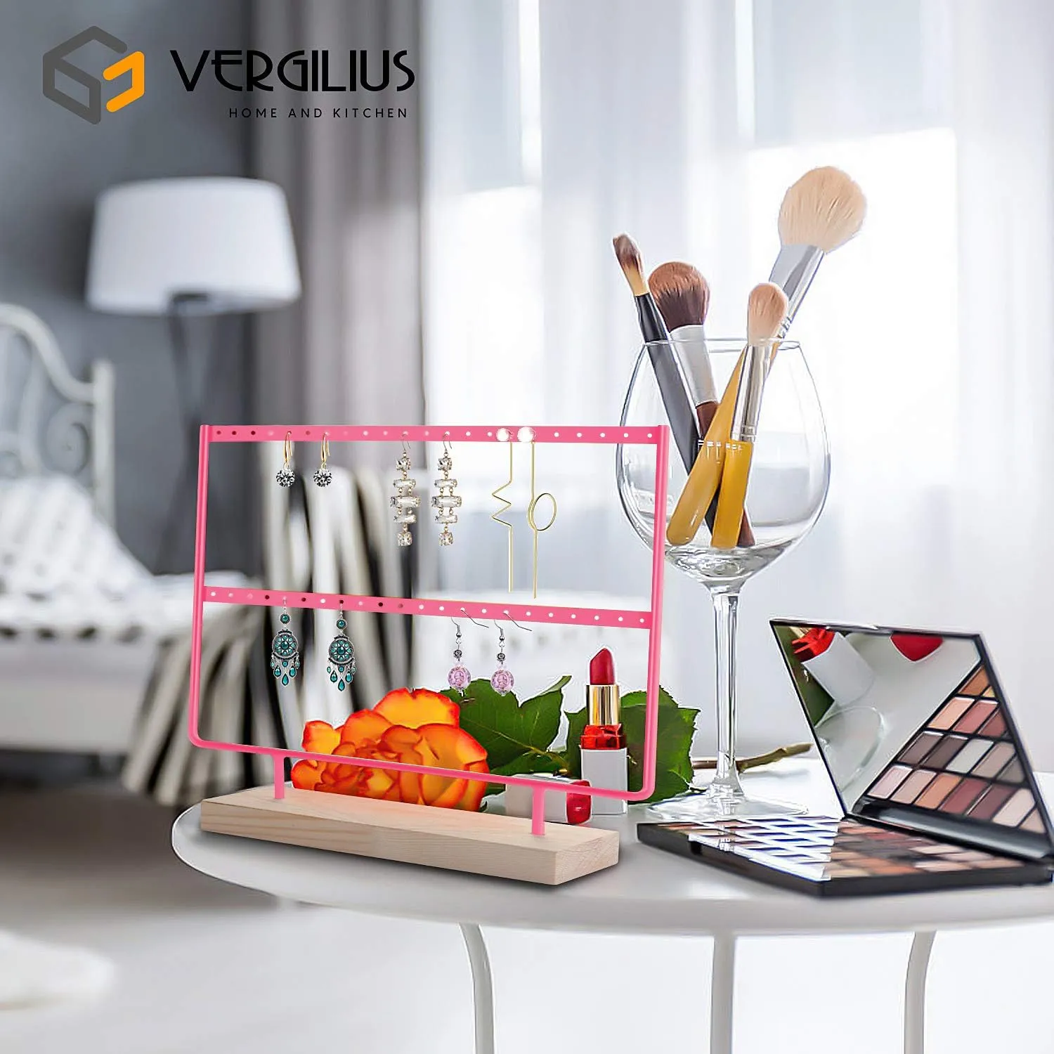 VERGILIUS Earrings Organizer Jewelry Earrings Holder Display Wood Stand (46 Holes 2 Layers) (Pink)