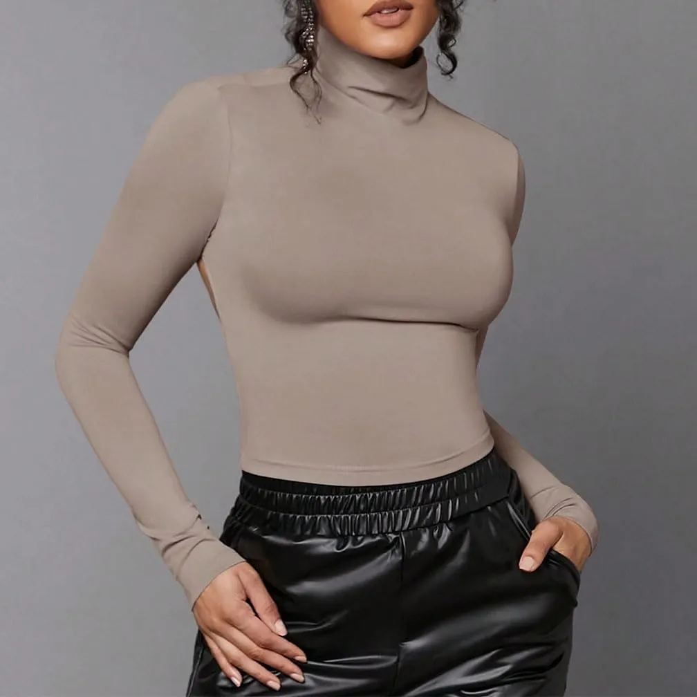 Women Sexy Turtleneck Backless Slim Fit T Shirt Casual Long Sleeve Basic Solid Cut Out Back Tee Tops Streetwear