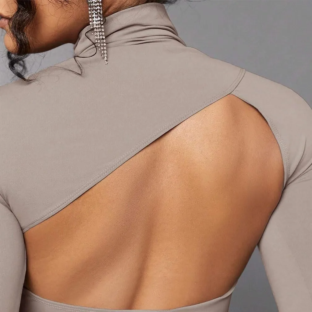 Women Sexy Turtleneck Backless Slim Fit T Shirt Casual Long Sleeve Basic Solid Cut Out Back Tee Tops Streetwear