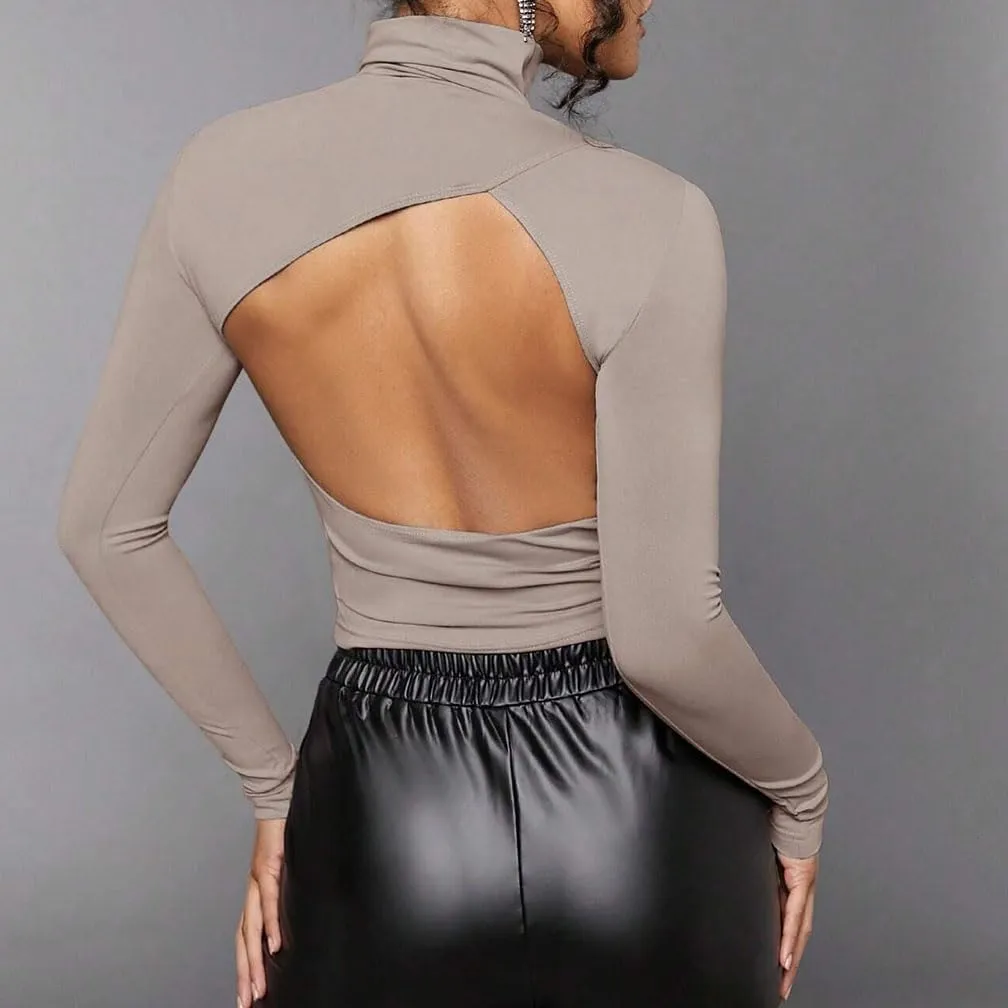Women Sexy Turtleneck Backless Slim Fit T Shirt Casual Long Sleeve Basic Solid Cut Out Back Tee Tops Streetwear