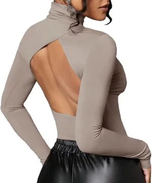 Women Sexy Turtleneck Backless Slim Fit T Shirt Casual Long Sleeve Basic Solid Cut Out Back Tee Tops Streetwear