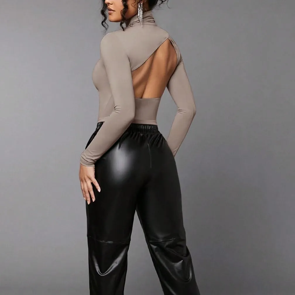 Women Sexy Turtleneck Backless Slim Fit T Shirt Casual Long Sleeve Basic Solid Cut Out Back Tee Tops Streetwear