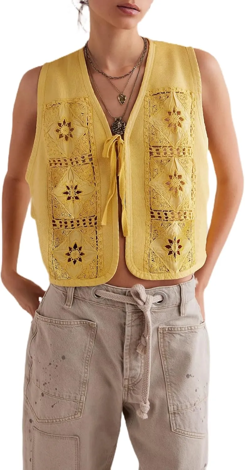 Women Summer Tie Front Vests Y2k Floral Embroidery Eyelet Crop Tank Tops Boho V Neck Sleeveless Hollow Out Cami Tops