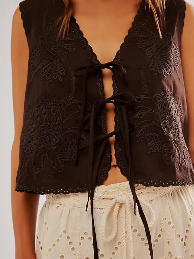 Women Summer Tie Front Vests Y2k Floral Embroidery Eyelet Crop Tank Tops Boho V Neck Sleeveless Hollow Out Cami Tops