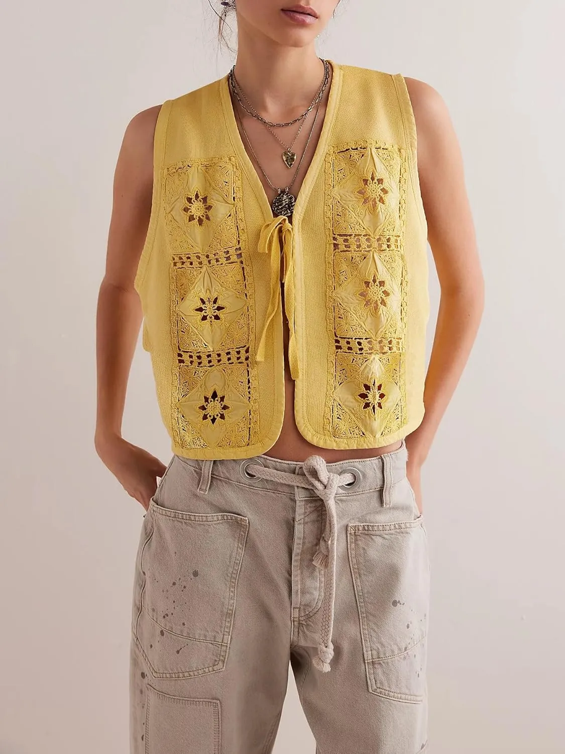 Women Summer Tie Front Vests Y2k Floral Embroidery Eyelet Crop Tank Tops Boho V Neck Sleeveless Hollow Out Cami Tops