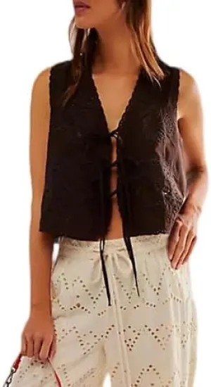 Women Summer Tie Front Vests Y2k Floral Embroidery Eyelet Crop Tank Tops Boho V Neck Sleeveless Hollow Out Cami Tops