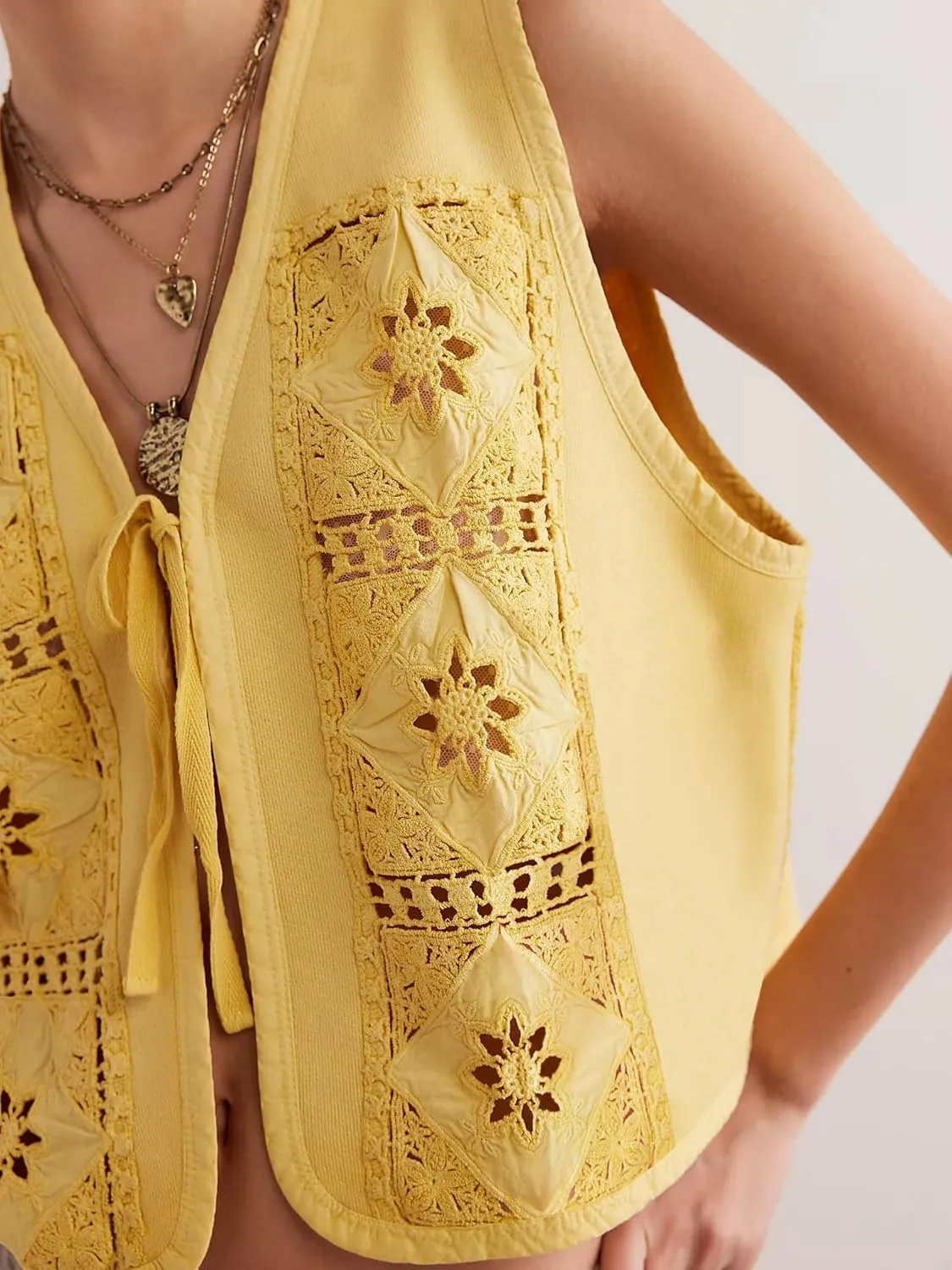 Women Summer Tie Front Vests Y2k Floral Embroidery Eyelet Crop Tank Tops Boho V Neck Sleeveless Hollow Out Cami Tops