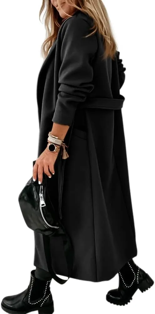 Womens Classic Coat Lapel Collar Open Front Belted Long Jacket