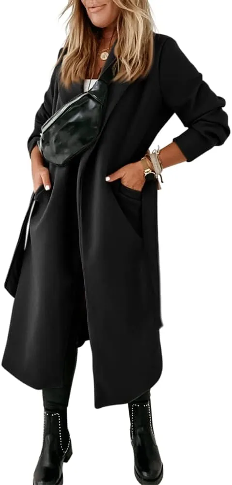 Womens Classic Coat Lapel Collar Open Front Belted Long Jacket