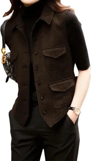 Women's Herringbone Wool Vest Lapel Waistcoat Casual Fashion Sleeveless Jacket Suit vests for Lady