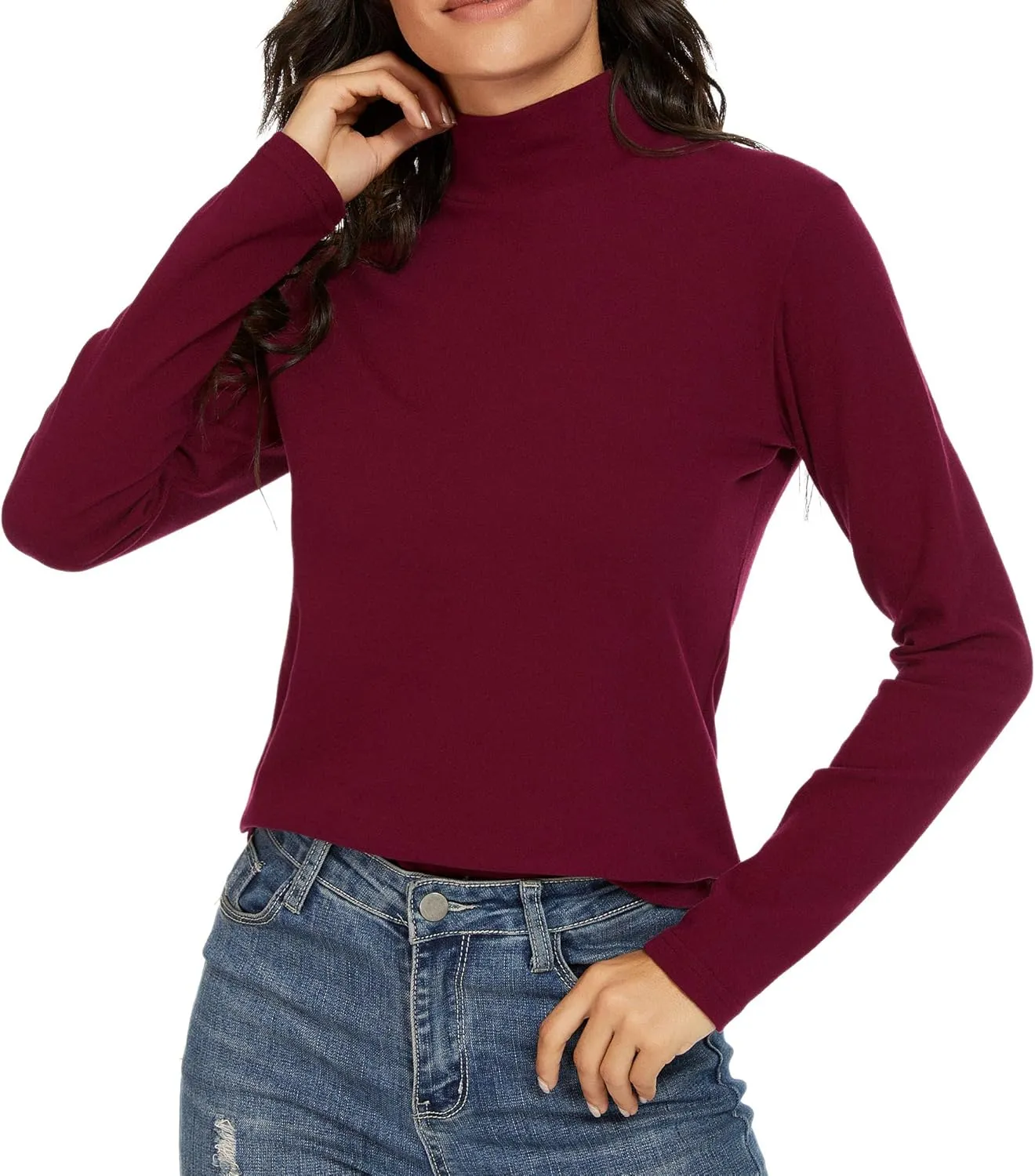 Women's Mock Turtleneck Cotton Long Sleeve Layering T Shirt Tops