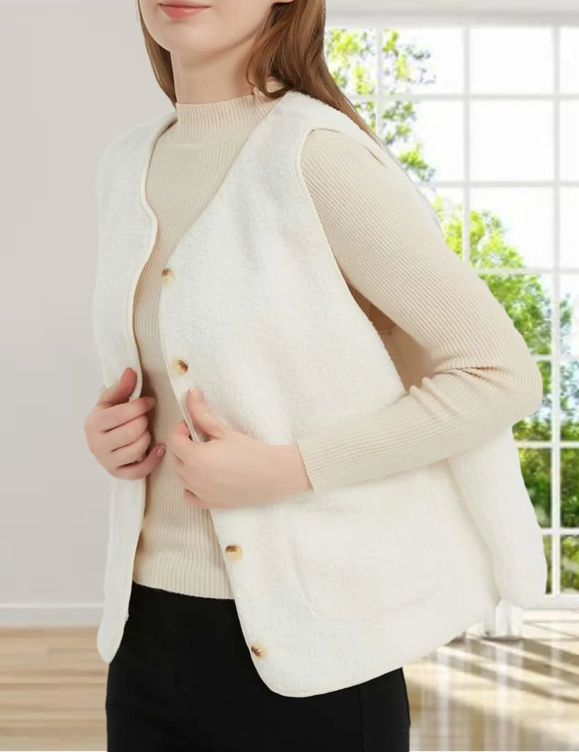 Womens Sherpa Fleece Lightweight Vest Fall Sleeveless Warm Button Down Fuzzy Jacket Outerwear Teddy Coat Gilet