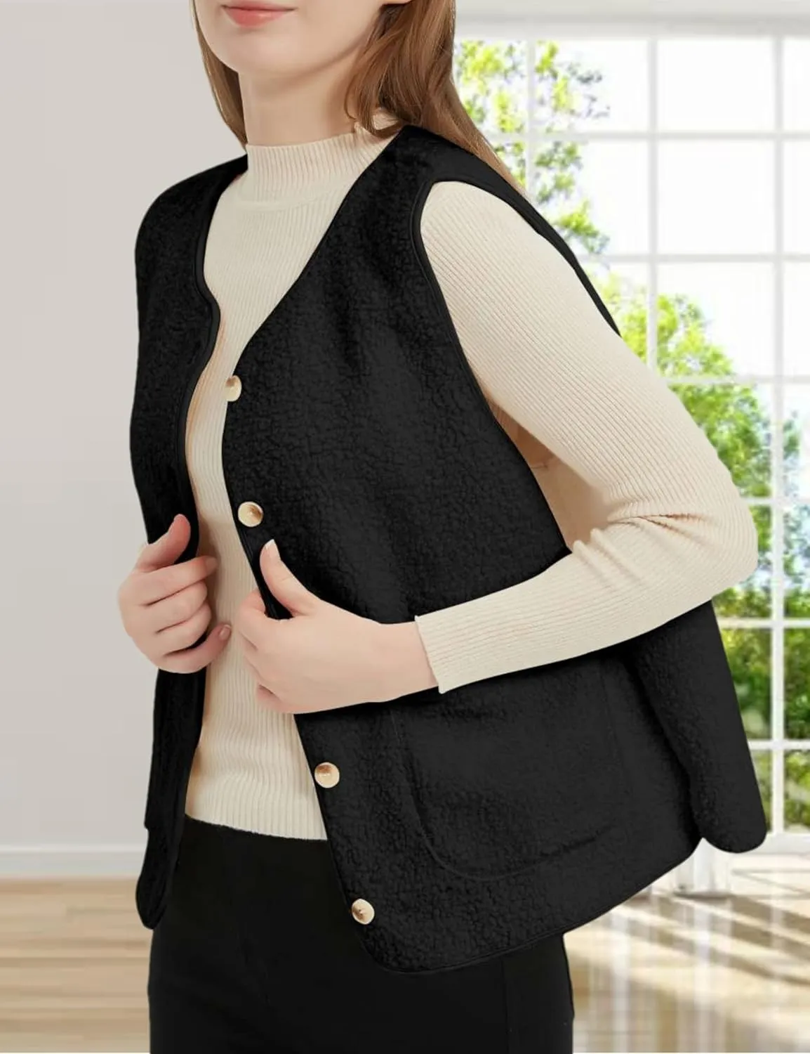 Womens Sherpa Fleece Lightweight Vest Fall Sleeveless Warm Button Down Fuzzy Jacket Outerwear Teddy Coat Gilet