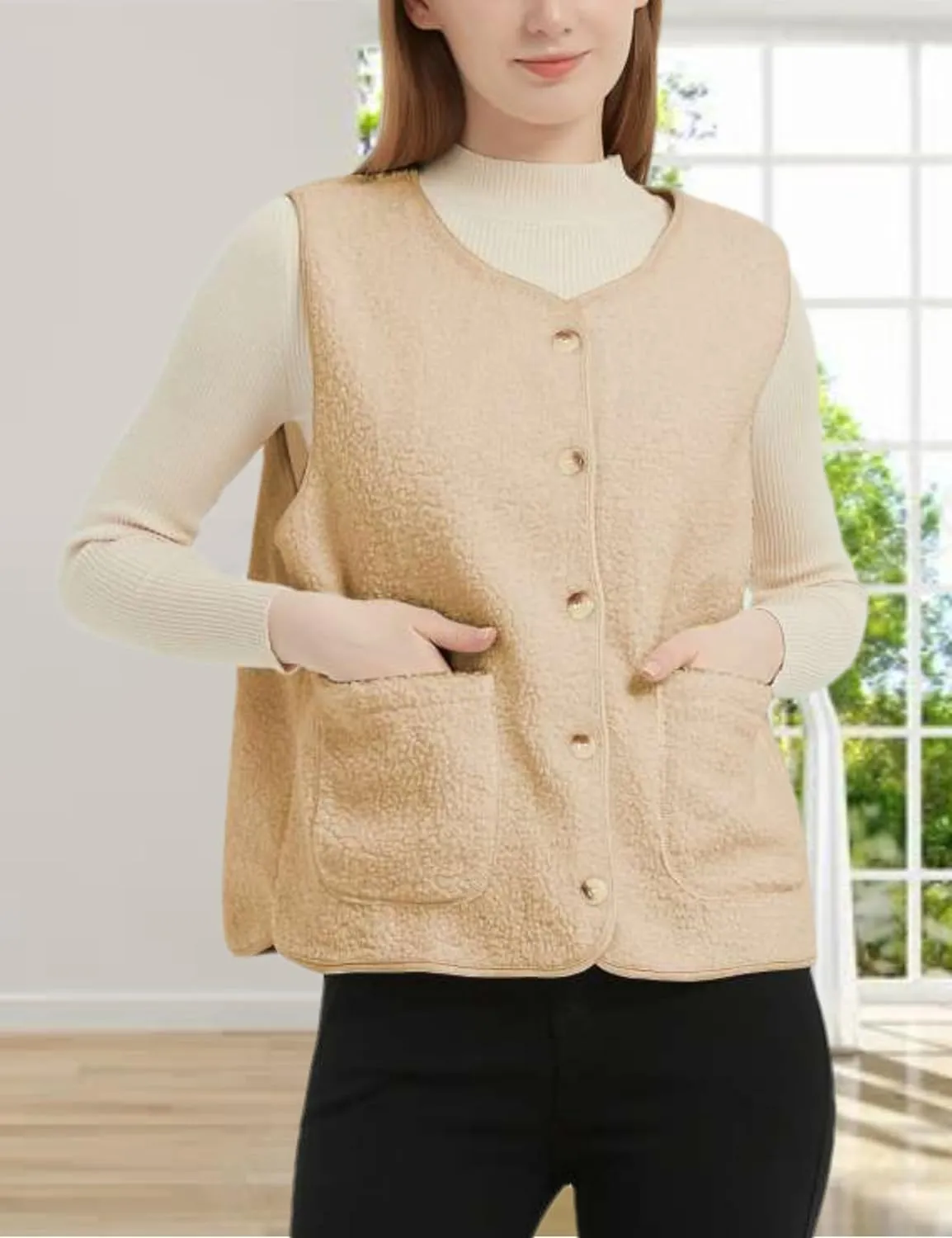 Womens Sherpa Fleece Lightweight Vest Fall Sleeveless Warm Button Down Fuzzy Jacket Outerwear Teddy Coat Gilet