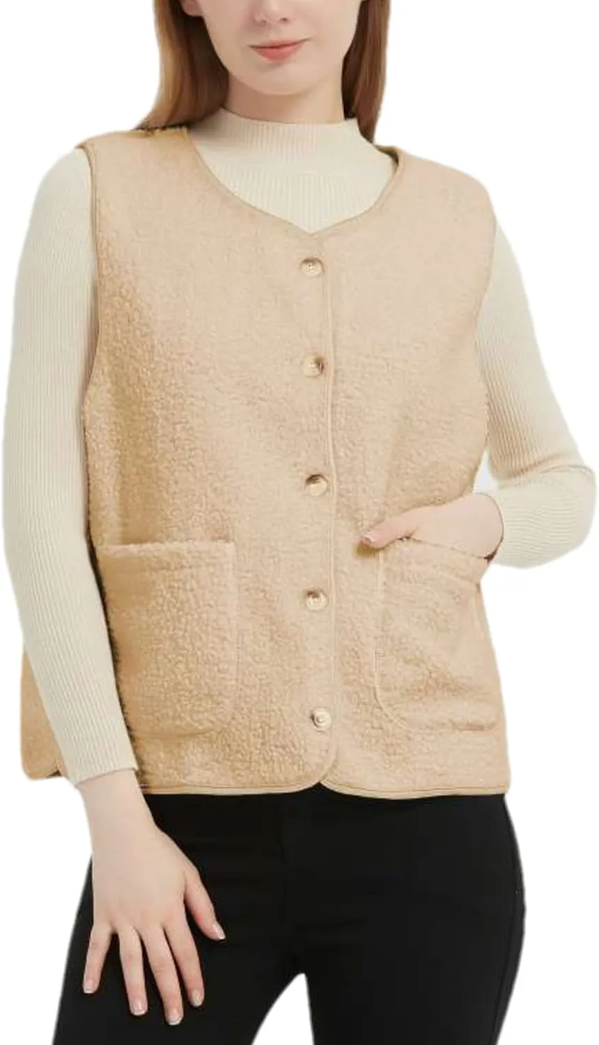 Womens Sherpa Fleece Lightweight Vest Fall Sleeveless Warm Button Down Fuzzy Jacket Outerwear Teddy Coat Gilet