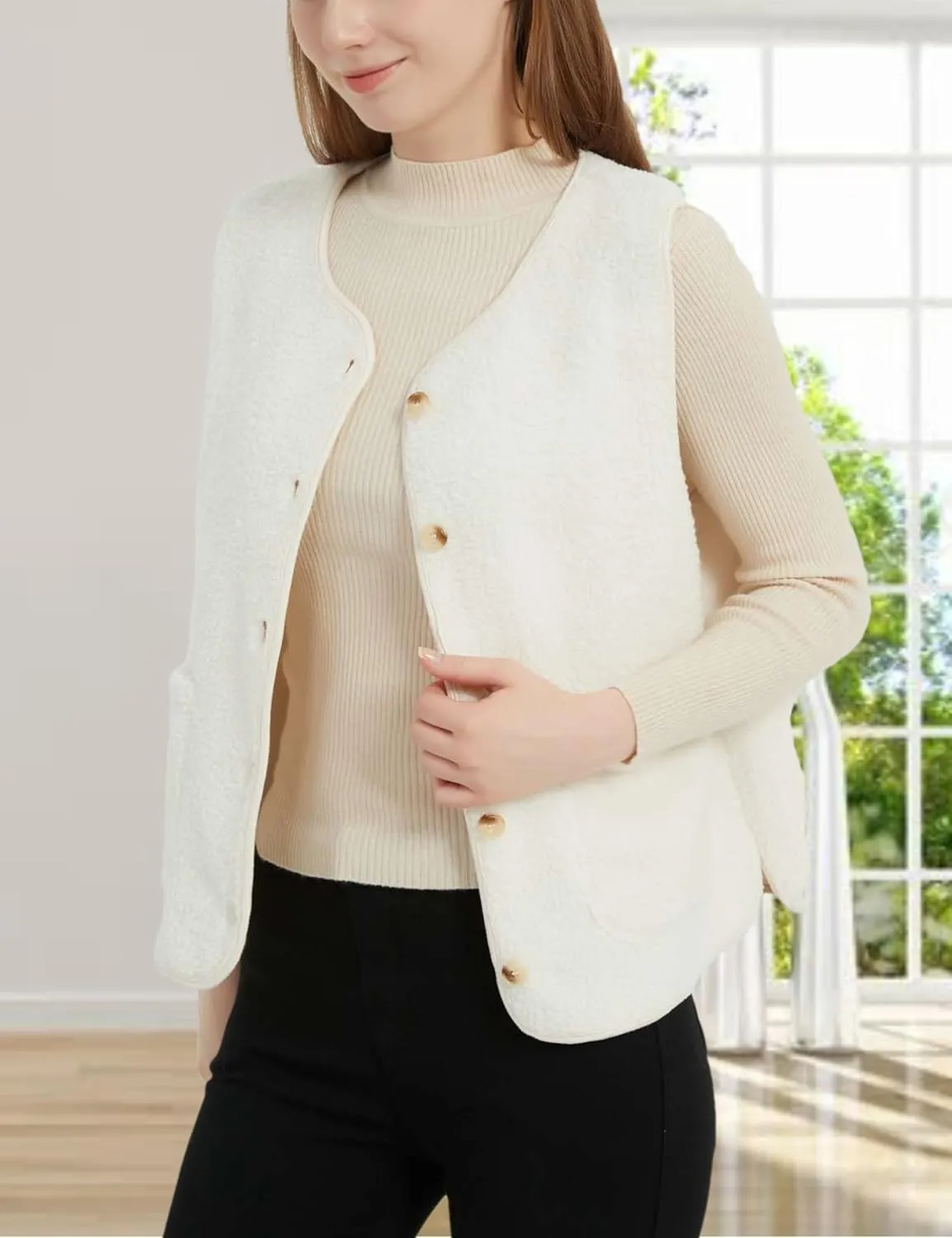 Womens Sherpa Fleece Lightweight Vest Fall Sleeveless Warm Button Down Fuzzy Jacket Outerwear Teddy Coat Gilet