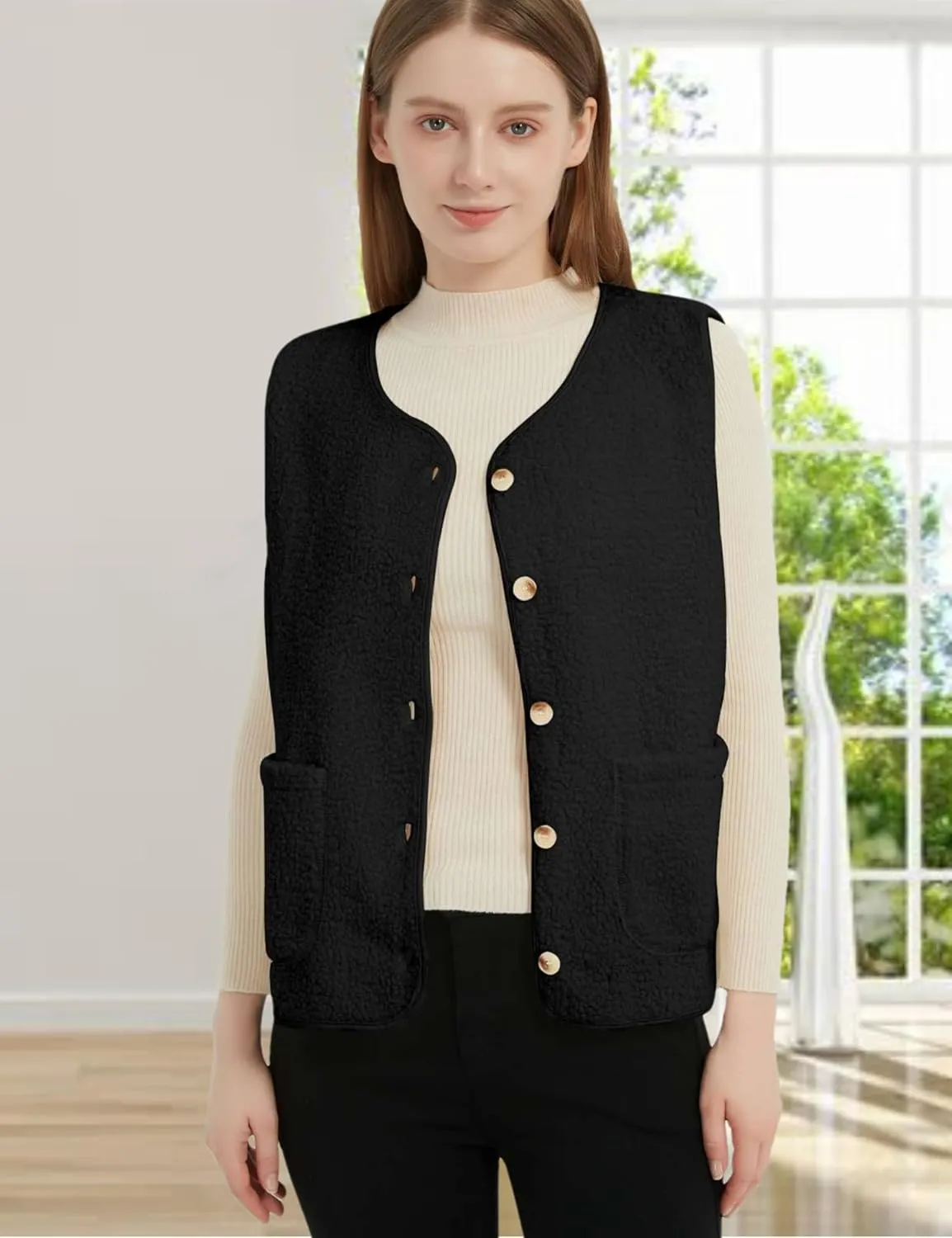 Womens Sherpa Fleece Lightweight Vest Fall Sleeveless Warm Button Down Fuzzy Jacket Outerwear Teddy Coat Gilet