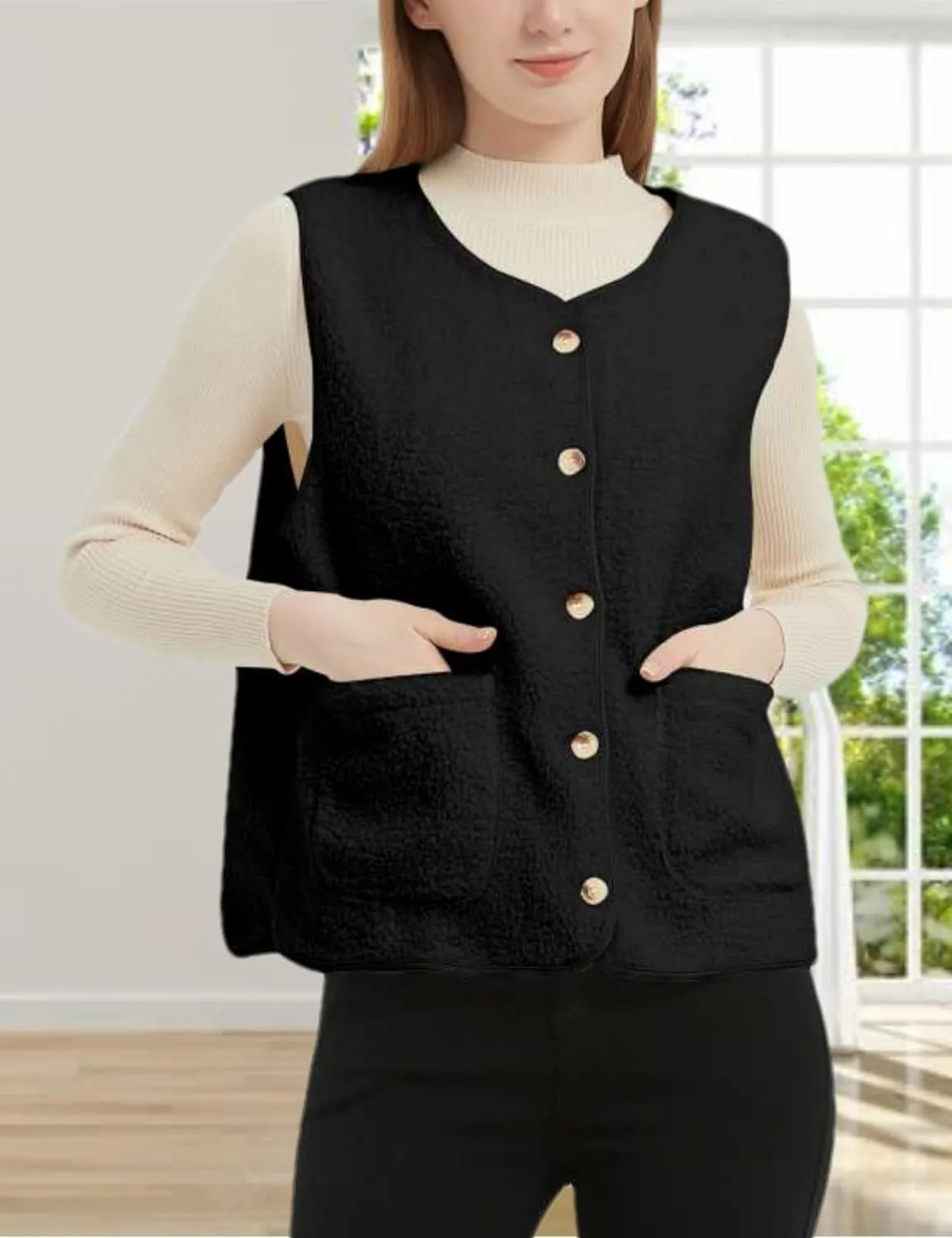 Womens Sherpa Fleece Lightweight Vest Fall Sleeveless Warm Button Down Fuzzy Jacket Outerwear Teddy Coat Gilet