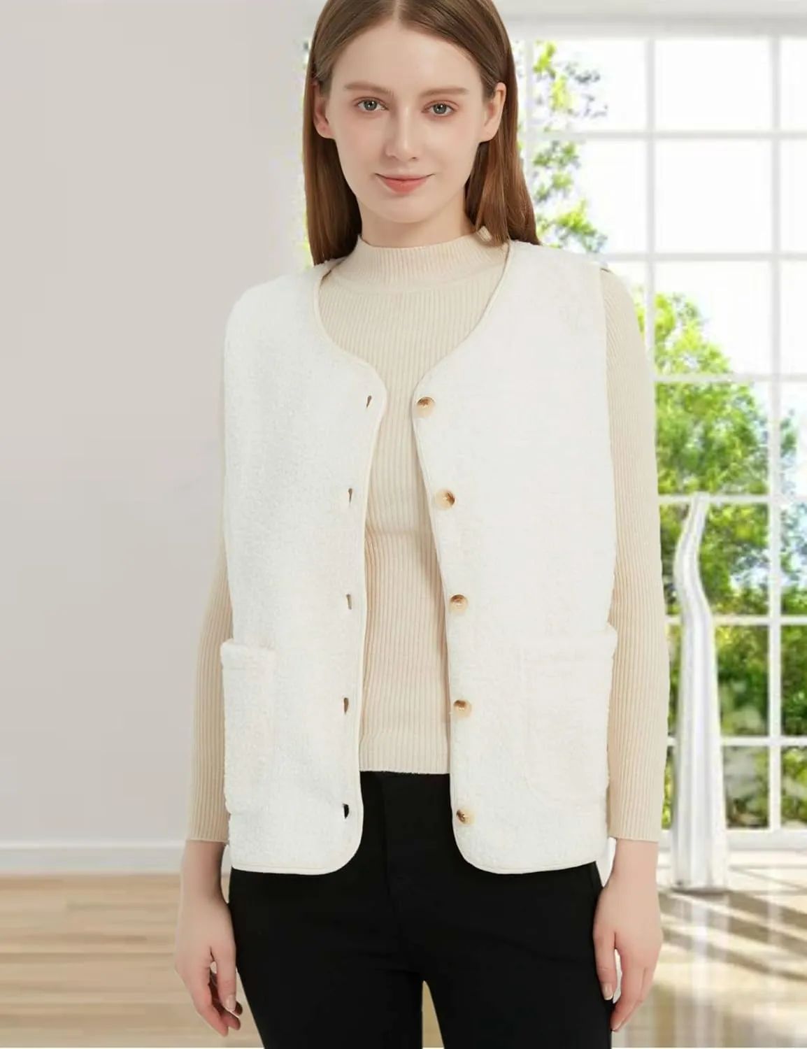 Womens Sherpa Fleece Lightweight Vest Fall Sleeveless Warm Button Down Fuzzy Jacket Outerwear Teddy Coat Gilet