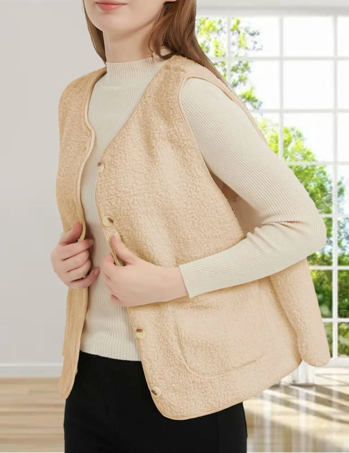 Womens Sherpa Fleece Lightweight Vest Fall Sleeveless Warm Button Down Fuzzy Jacket Outerwear Teddy Coat Gilet
