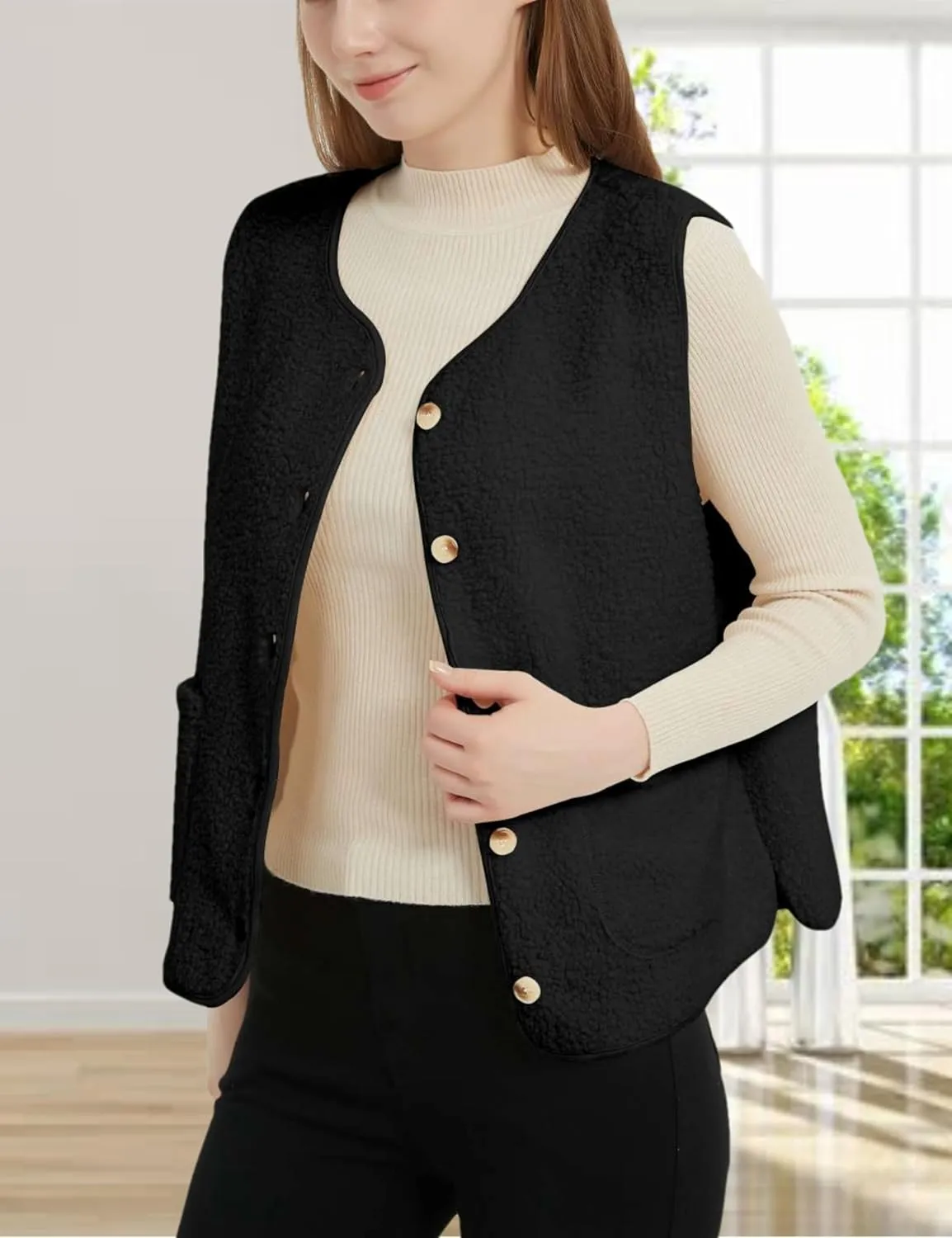 Womens Sherpa Fleece Lightweight Vest Fall Sleeveless Warm Button Down Fuzzy Jacket Outerwear Teddy Coat Gilet