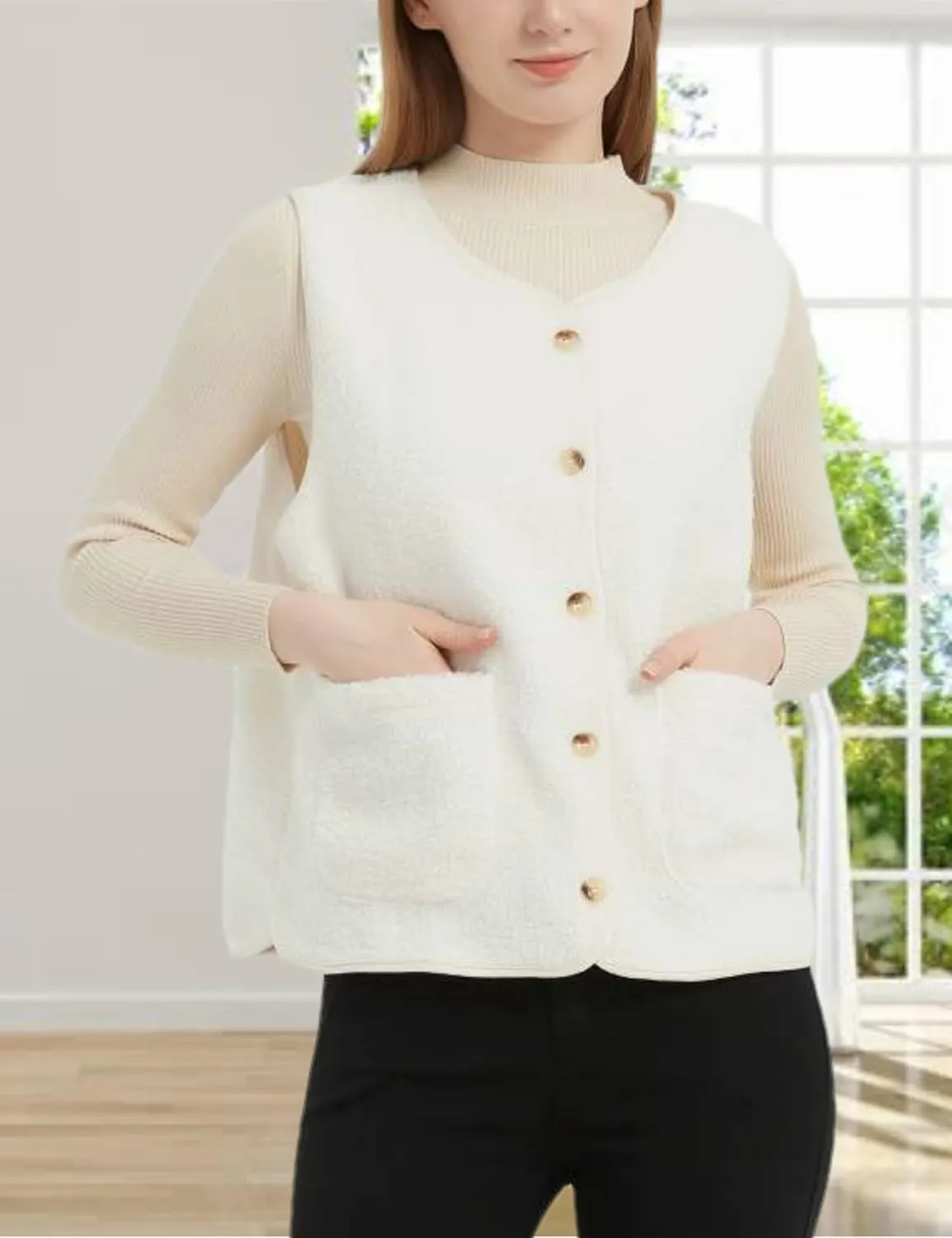 Womens Sherpa Fleece Lightweight Vest Fall Sleeveless Warm Button Down Fuzzy Jacket Outerwear Teddy Coat Gilet