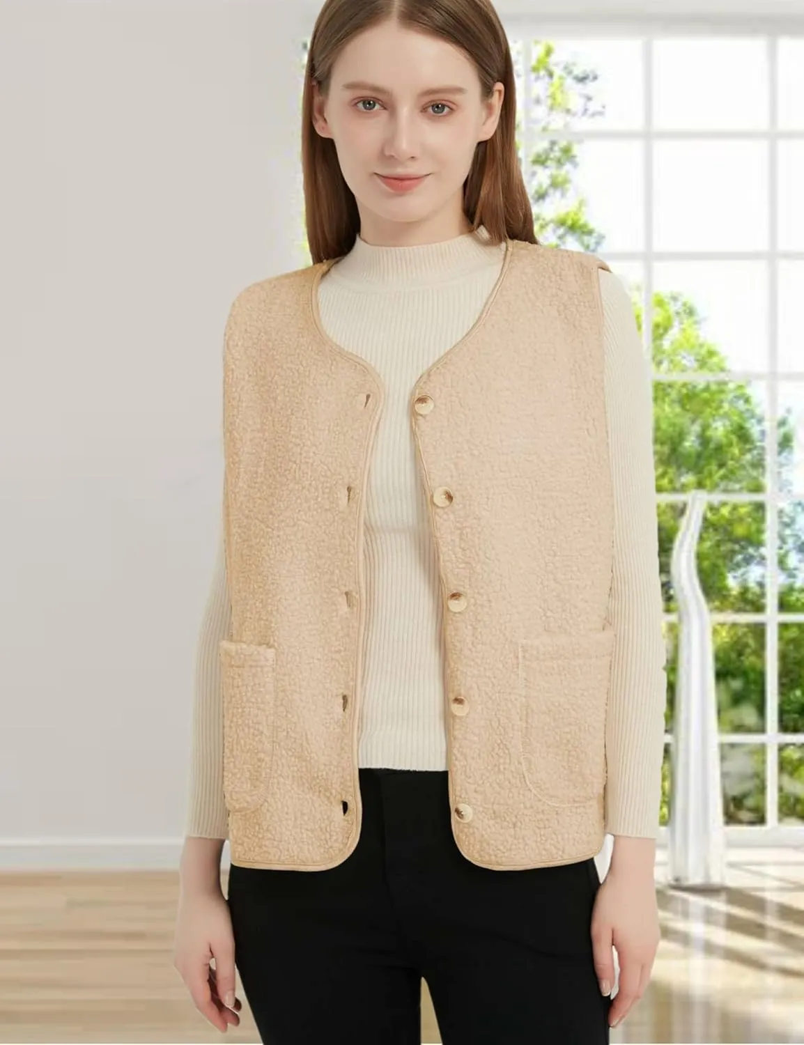 Womens Sherpa Fleece Lightweight Vest Fall Sleeveless Warm Button Down Fuzzy Jacket Outerwear Teddy Coat Gilet