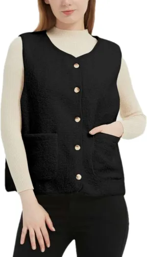 Womens Sherpa Fleece Lightweight Vest Fall Sleeveless Warm Button Down Fuzzy Jacket Outerwear Teddy Coat Gilet