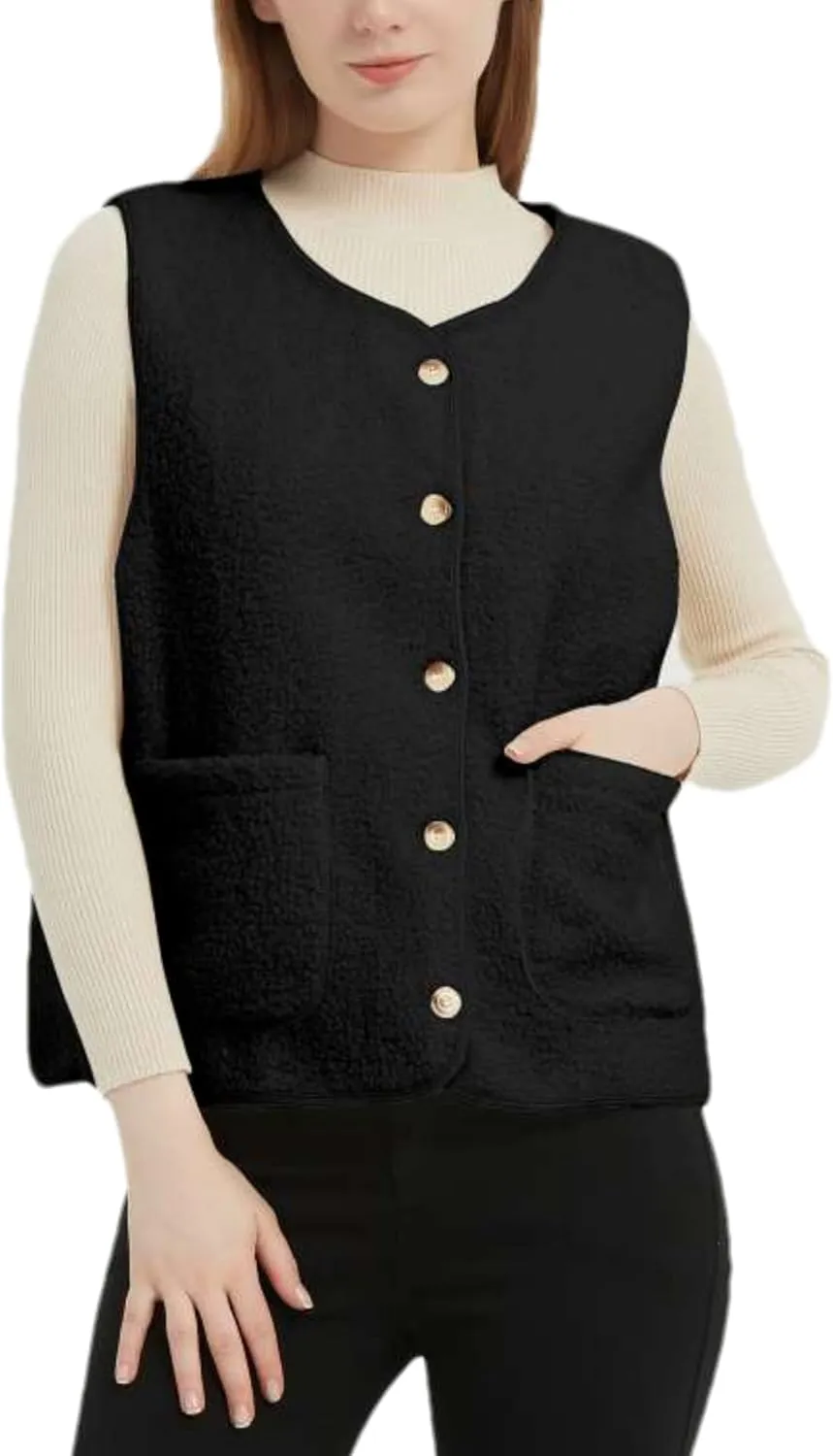 Womens Sherpa Fleece Lightweight Vest Fall Sleeveless Warm Button Down Fuzzy Jacket Outerwear Teddy Coat Gilet