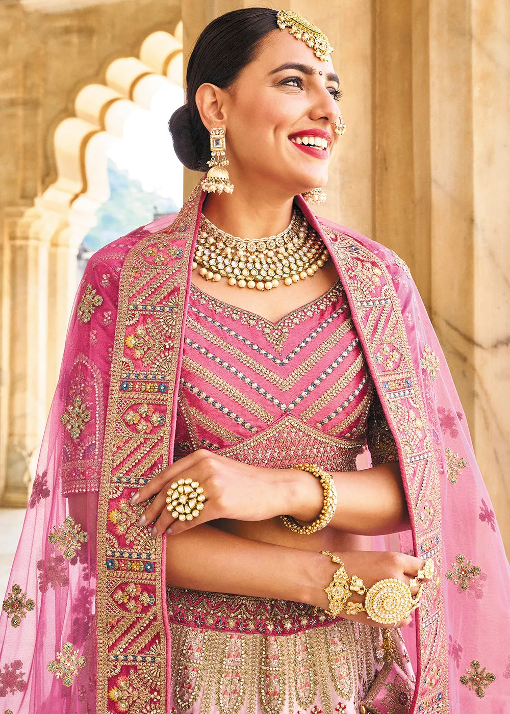 Wonderous Pink Bridal Wear Heavy Embroidered Silk Lehenga Choli